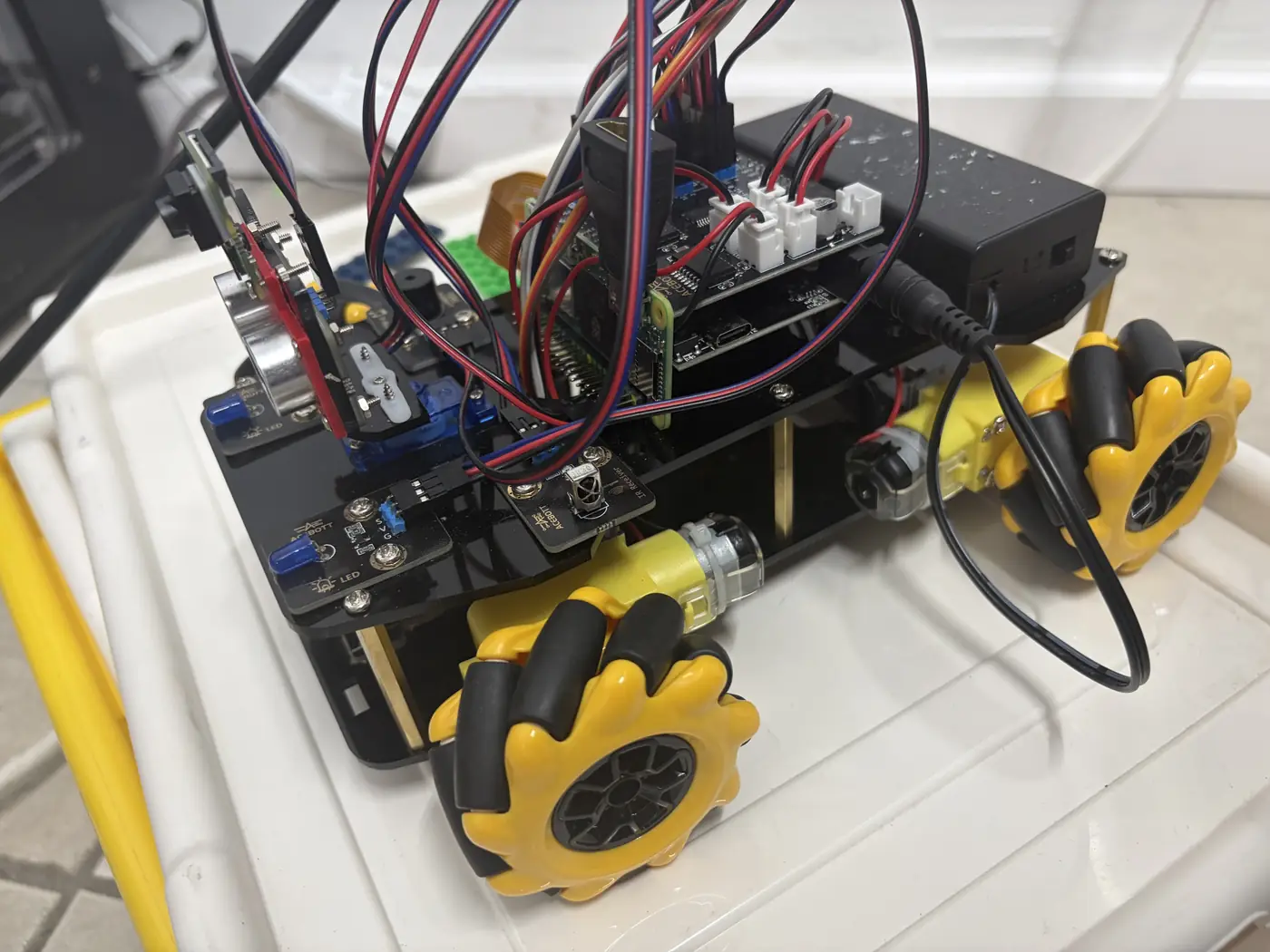 Electronics rover wiring and wheel closeup